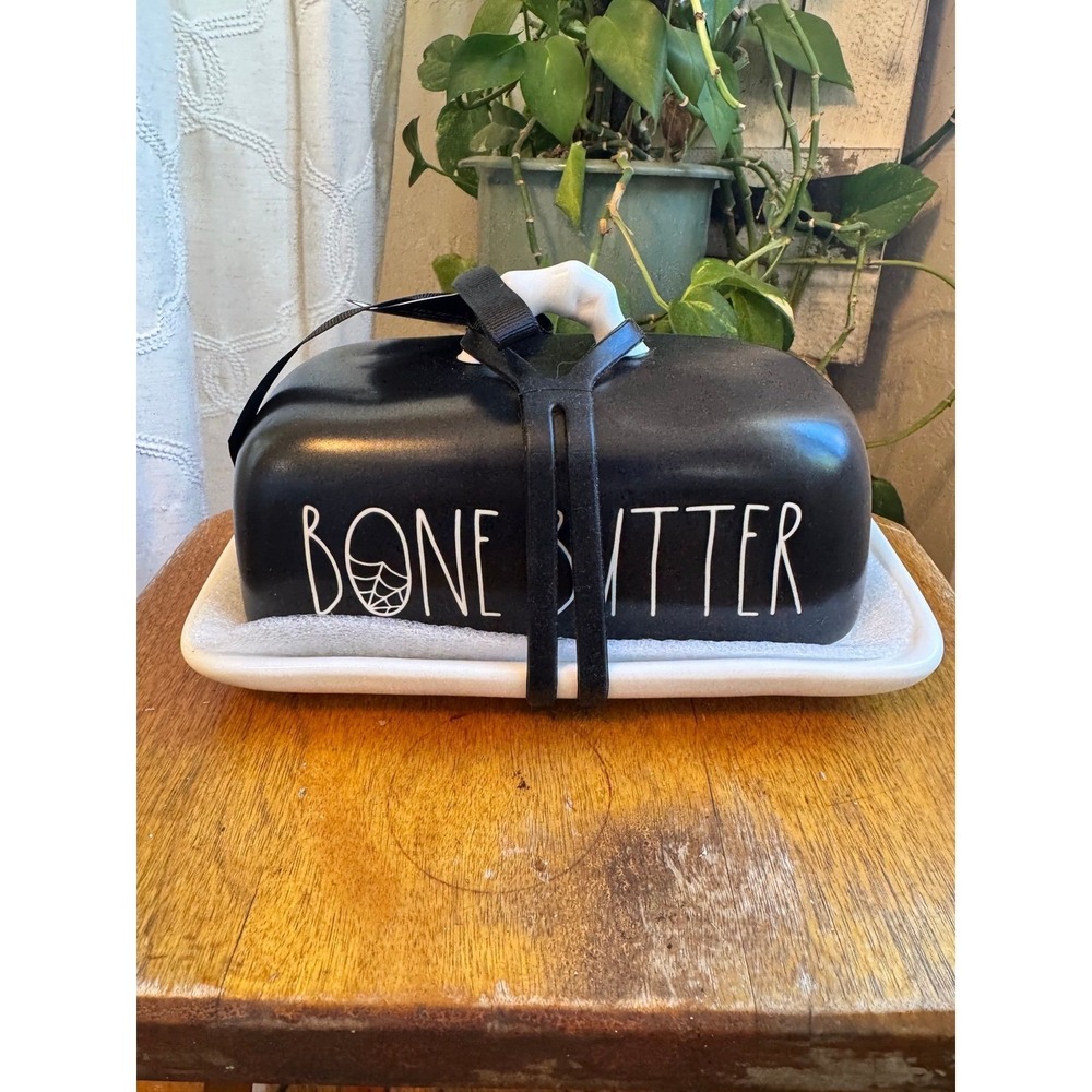 Rae Dunn BONE BUTTER butter dish black Halloween Goth Skulls Spooky Spider Web